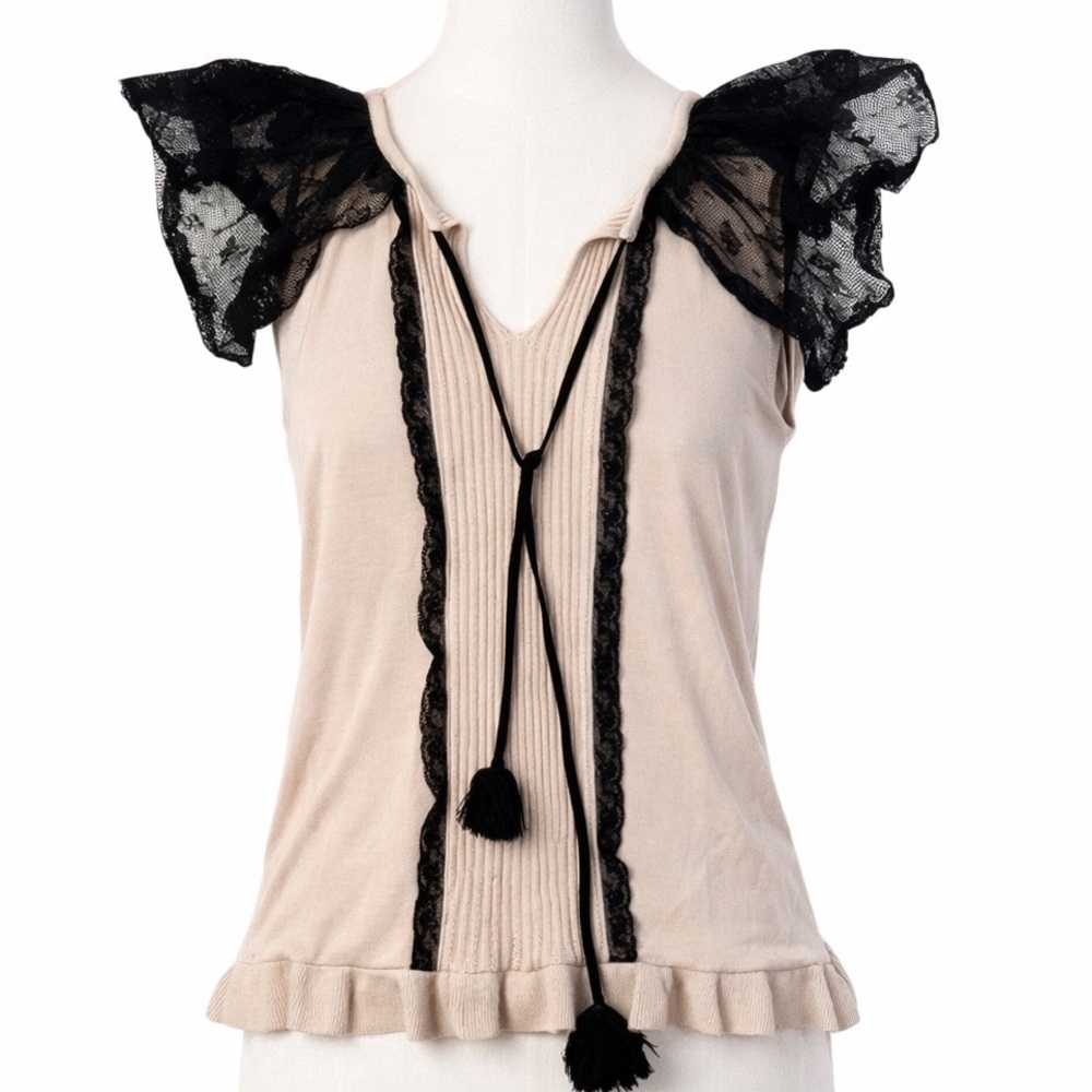 Red Valentino Knit V Neck Lace Shoulder Top With Tie